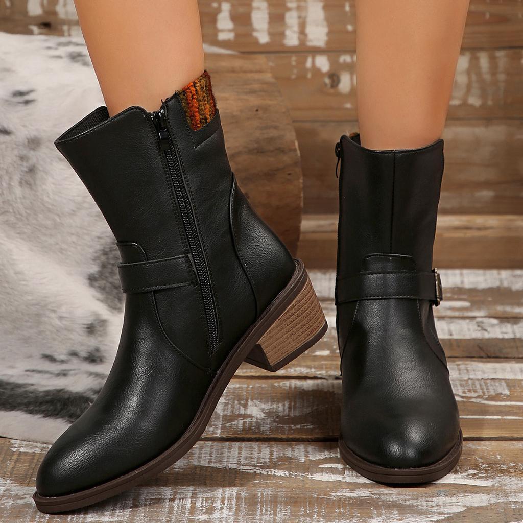 Side Zipper European and American Autumn and Winter Motorcycle Boots Short Boots Heel Martin Boots Women's Boots Belt Buckle Low Black