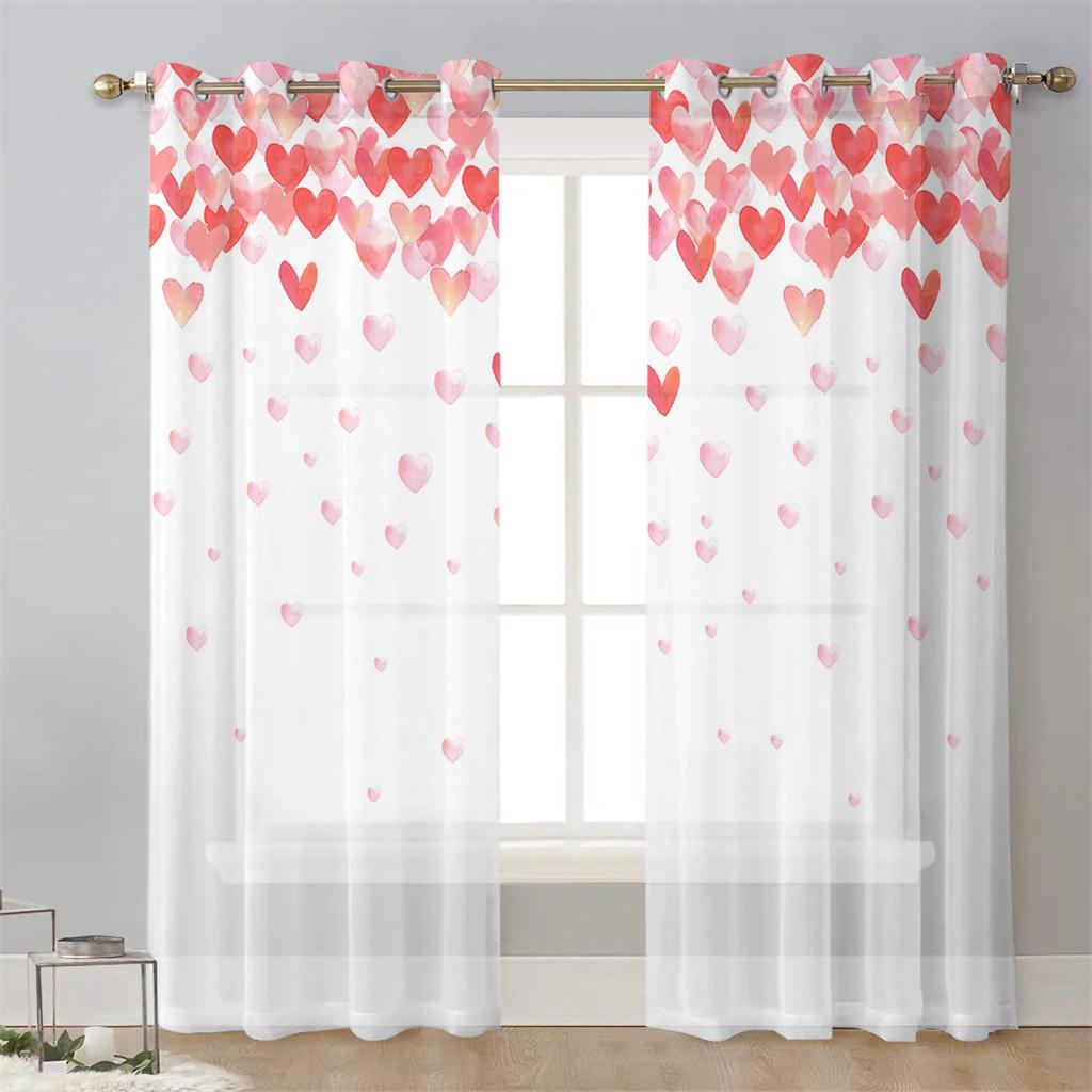 Happy Valentine's Day Love Heart Voile Curtains For Bedroom Tulle Window Curtain For Living Room Sheer Curtains Blinds Drapes2Pc