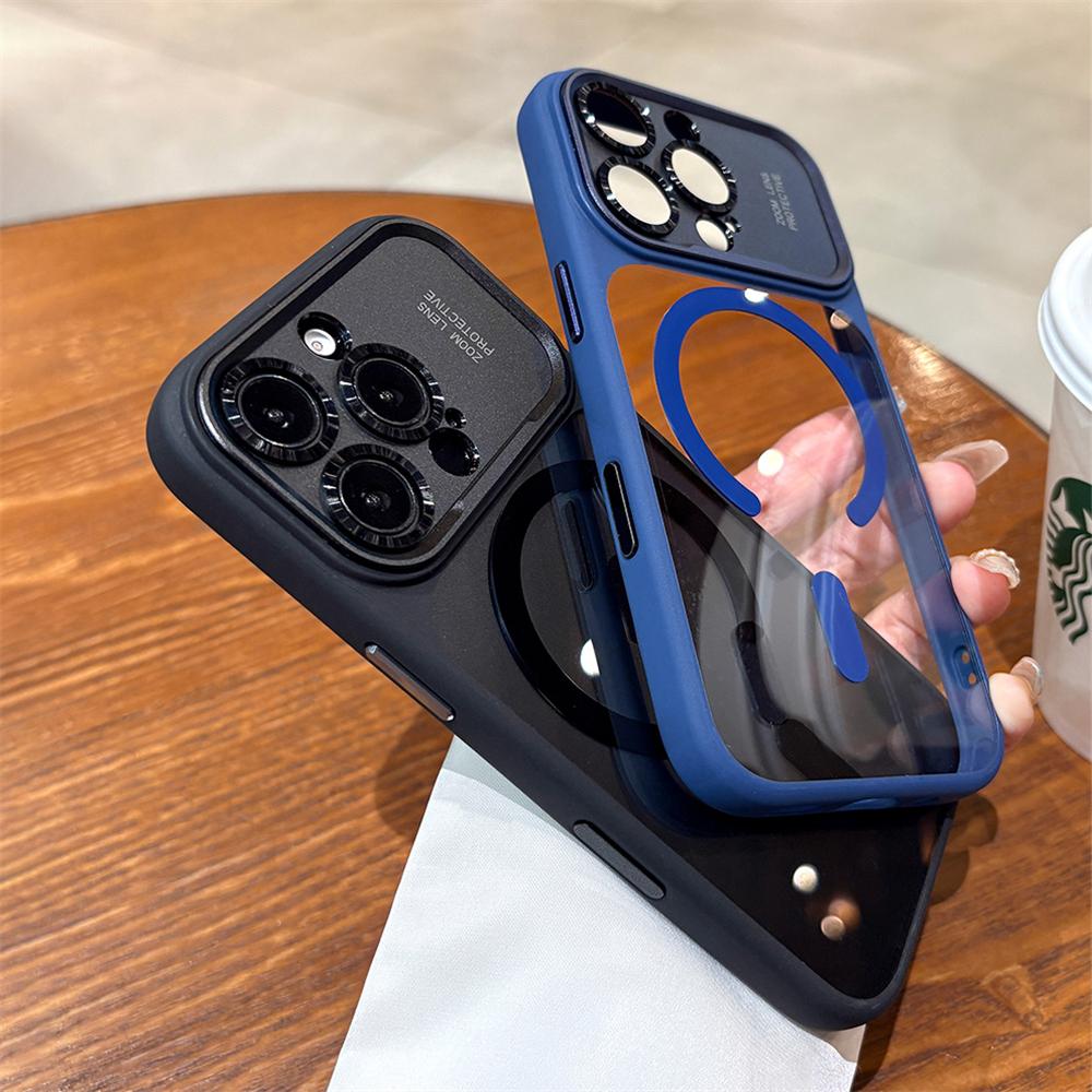 Luxury Magnetic Metal Lens Bumper Protection Case For 17 16 15 14 13 Pro Max Plus For Magsafe Acrylic Translucency Cover