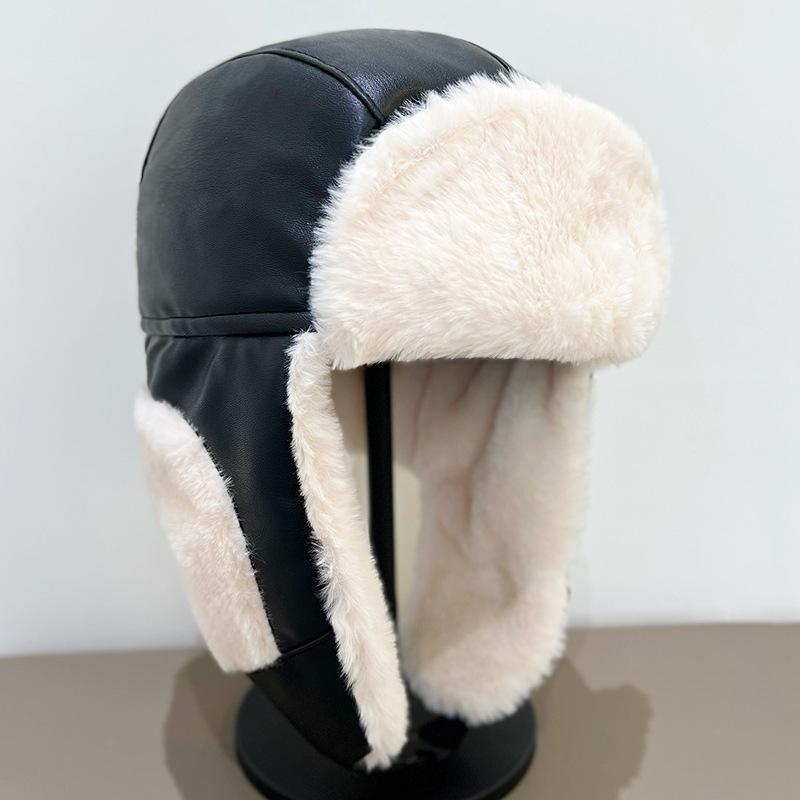 Leather Lei Feng Hat Men and Women In Autumn and Winter Thickened Warm Ear Protection Hat Outdoor Skiing Biker Plus Velvet Cold Proof Northeast Hat