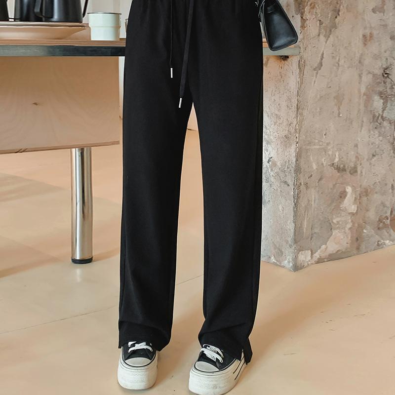 Damen Übergröße Weitbein Kordelzug Hose Herbst Drapierte Gerade Freizeithose