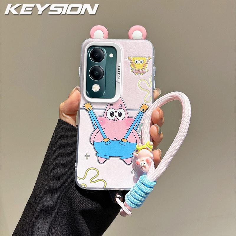 KEYSION Cute Ear Cartoon Case for VIVO Y04 Y04s with Lanyard Soft Silicone+PC Shockproof Phone Cover for VIVO Y29s Y29t 5G