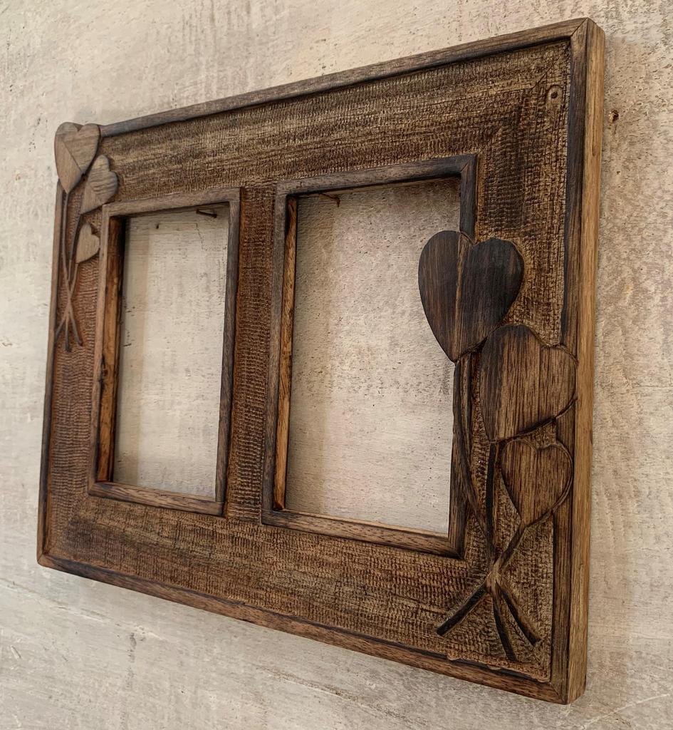 Rustic Wooden Double Photo Frame Carved Hearts | Romantic Wall Decor