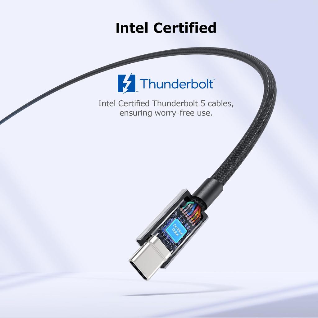 Cable Matters 80Gbps Braided Thunderbolt 5 Cable To 120Gbps Bandwidth 240W Thunderbolt 5 Thunderbolt Black [Intel Certified] - 0.5m, [Up Boost,