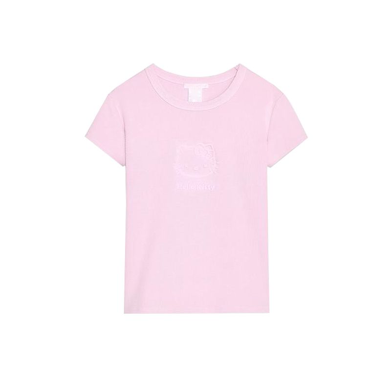 Summer New Product Women's Clothes Rib Trim Loose round Neck Short Sleeve Cartoon Print Washing Effect T-shirt 0347359