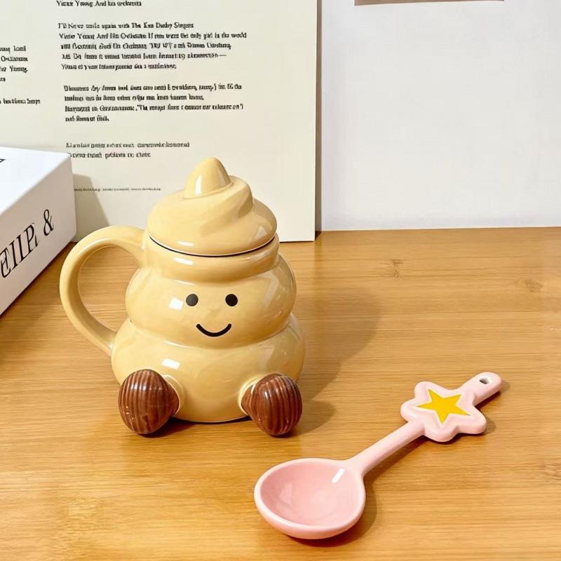 Creative Cute Short Leg Mug with Lid Ceramic Cup Birthday Gift Office Drinking Water Pier Pier Cup Couple Model