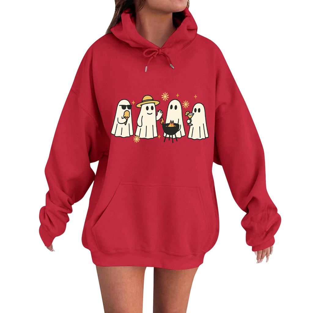 Women's Casual Fashion Comfortable Round Neck With Hood Long Sleeve Halloween Print Warm Sweatshirt