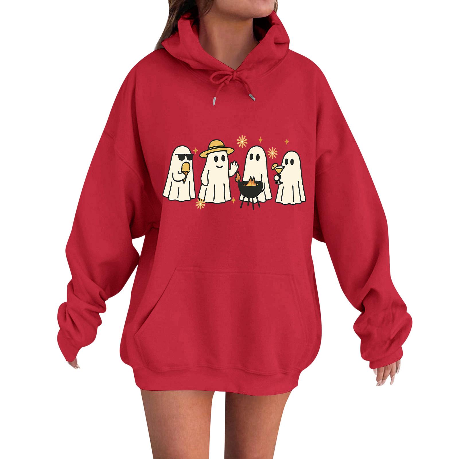 

Женская повседневная модная удобная толстовка с круглым вырезом, капюшоном и длинными рукавами с принтом на Хэллоуин, теплая XXL красный