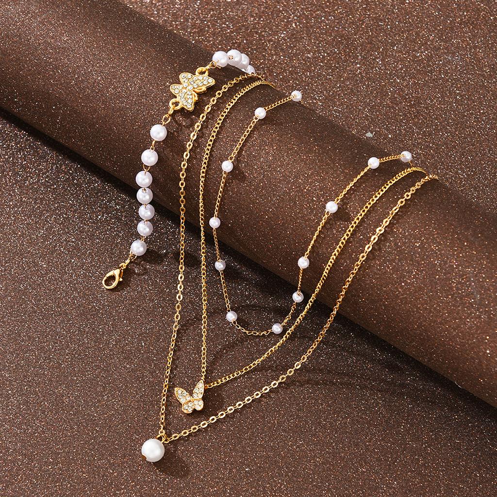 New 2Pcs Pearl Zircon Butterfly Bracelet Necklace for Women Fashion Elegant Gold White Color Bracelet Necklace Set Party Jewelry