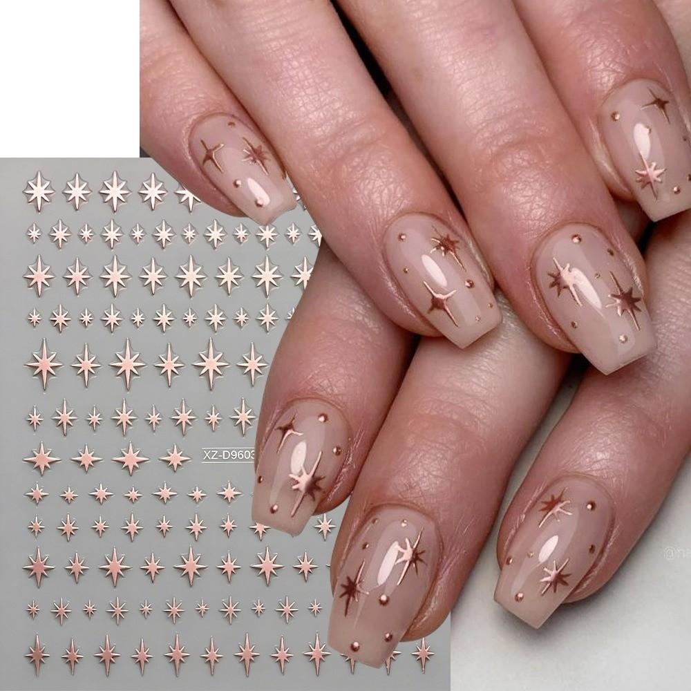 6Pcs Y2K Irregular Star Manicure Decals Gold Silver Color Letters Nail Decorations Nail Supplies