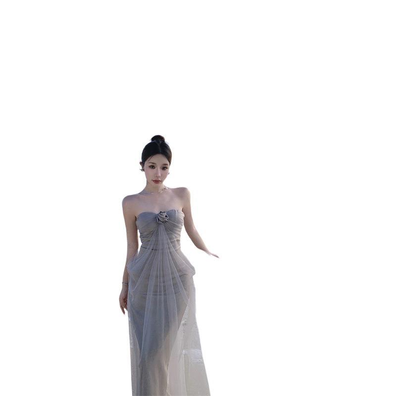 Clavicle One-word Shoulder Super Fairy Mesh Tube Top Dress Slim and Thin Sexy Hot Girl Off-the-shoulder Female Summer Long