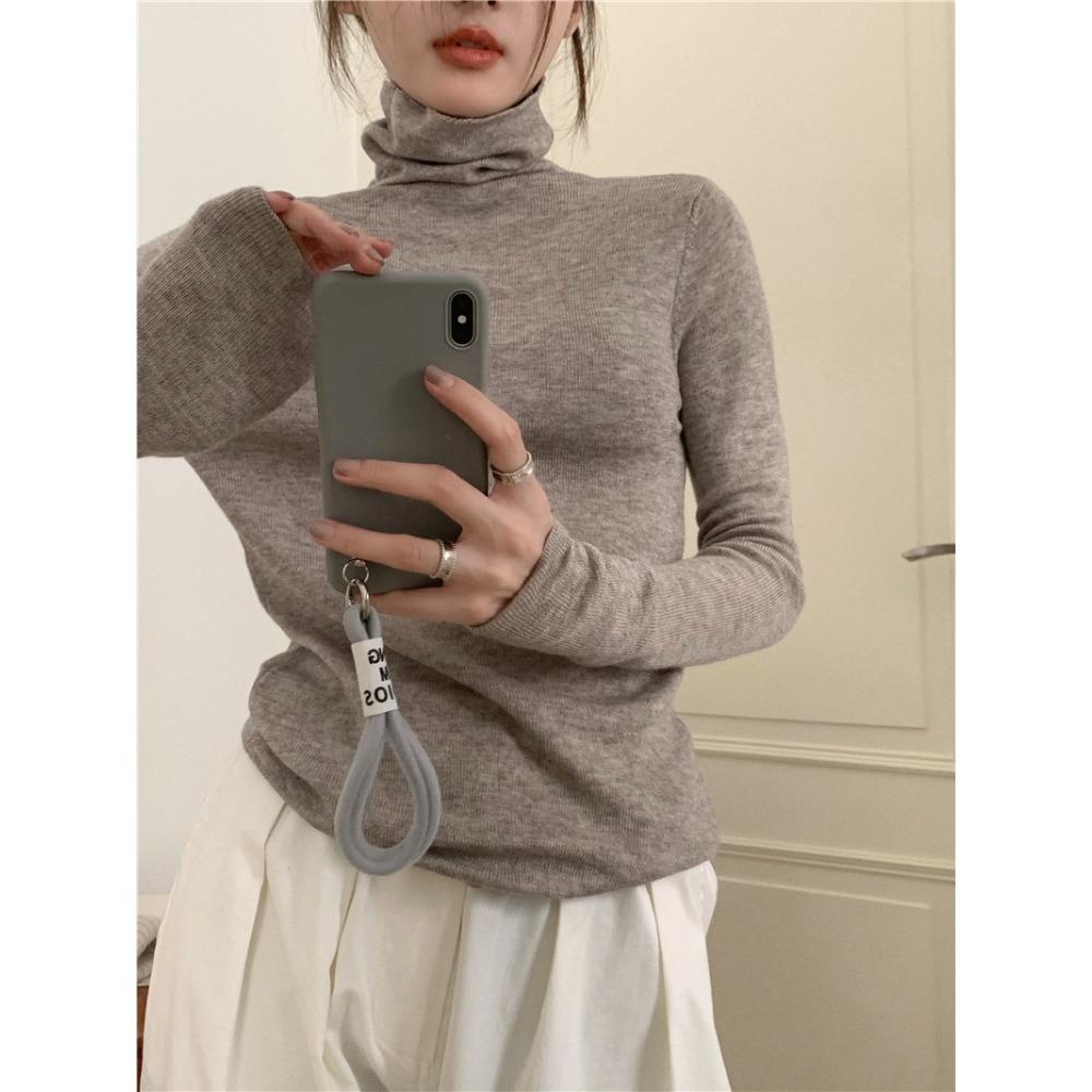 Piled Collar Solid Color All-match Knitted Sweater Women's Autumn and Winter Western-style Slim-fit Coat Inner Knitted Base Shirt