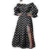 Wish Fashion Women's Clothing Pleated Ruffle Edge Loose Side Slit Polka Dot Horn Sleeve Extra Long Dress