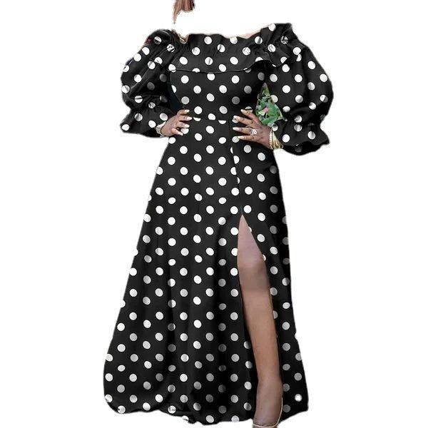 Wish Fashion Women's Clothing Pleated Ruffle Edge Loose Side Slit Polka Dot Horn Sleeve Extra Long Dress
