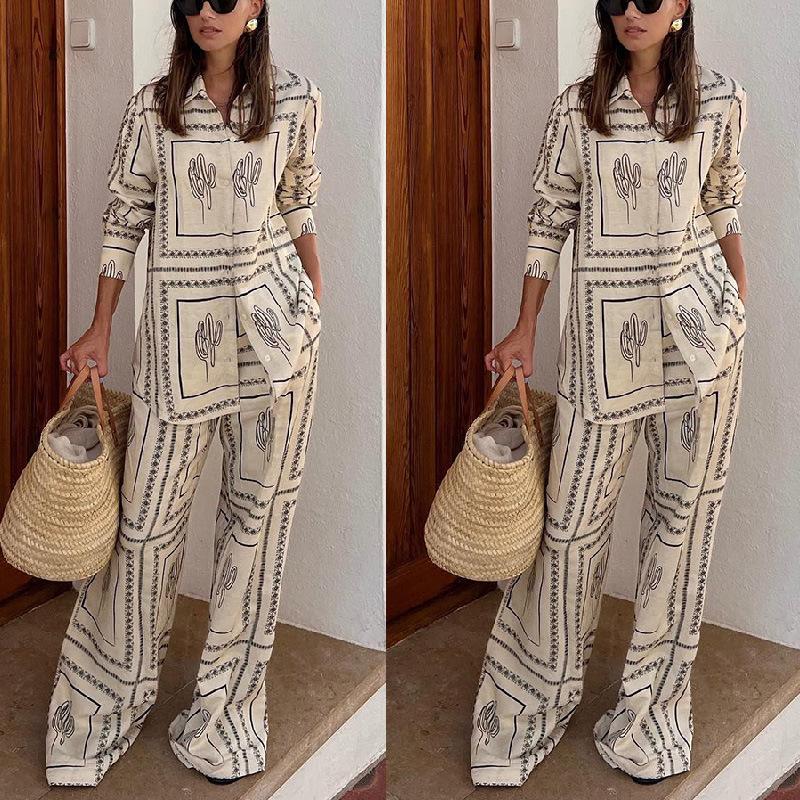 Printed Shirts Two Piece Set Women Long Sleeve Lapel Shirts High Waist Wide Leg Pants Suit for Women Home Wear Outfits Clothing
