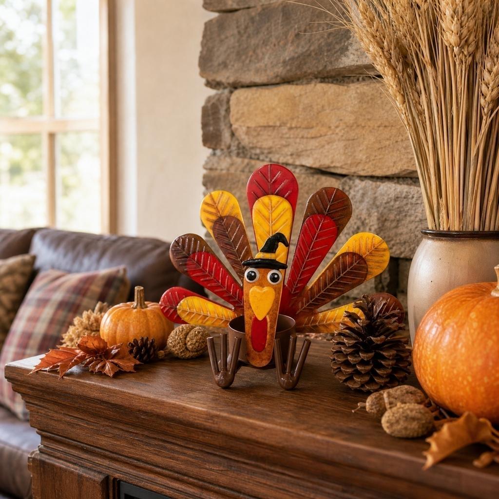 Metal Turkey Tealight Candle Holder Thanksgiving Tabletop Decoration Sitting Turkey Design for Home Decor Seasonal Display