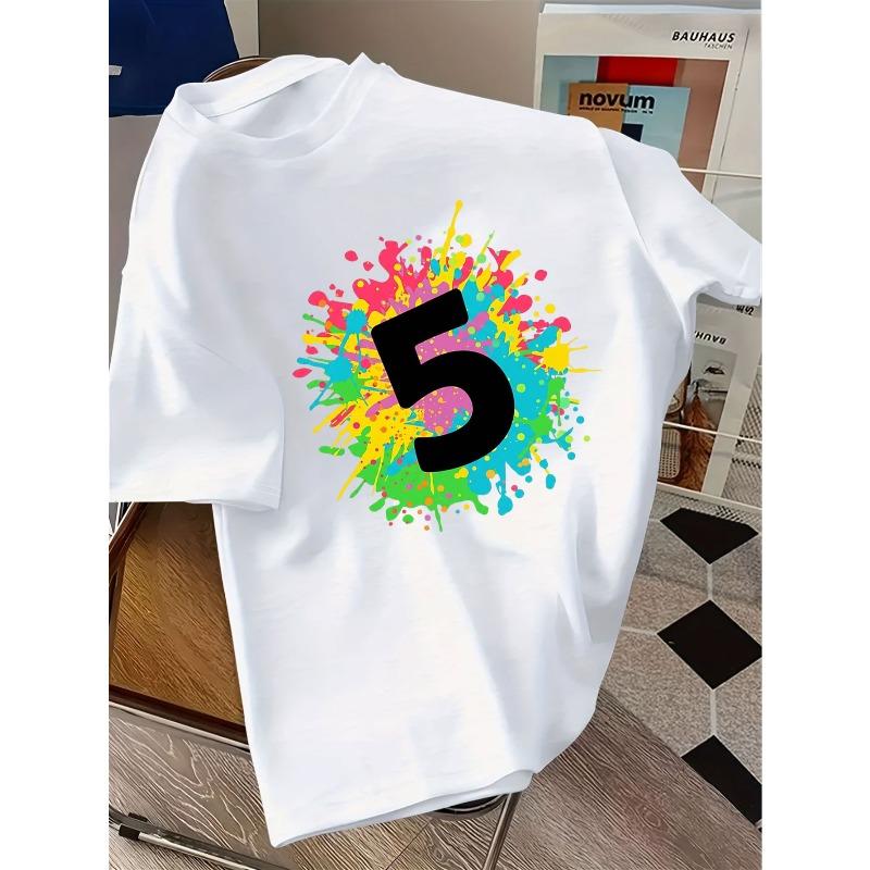 Kids Crewneck Short Sleeve T-Shirt, Doodle Number 5 Multicolor Splatter Print 110