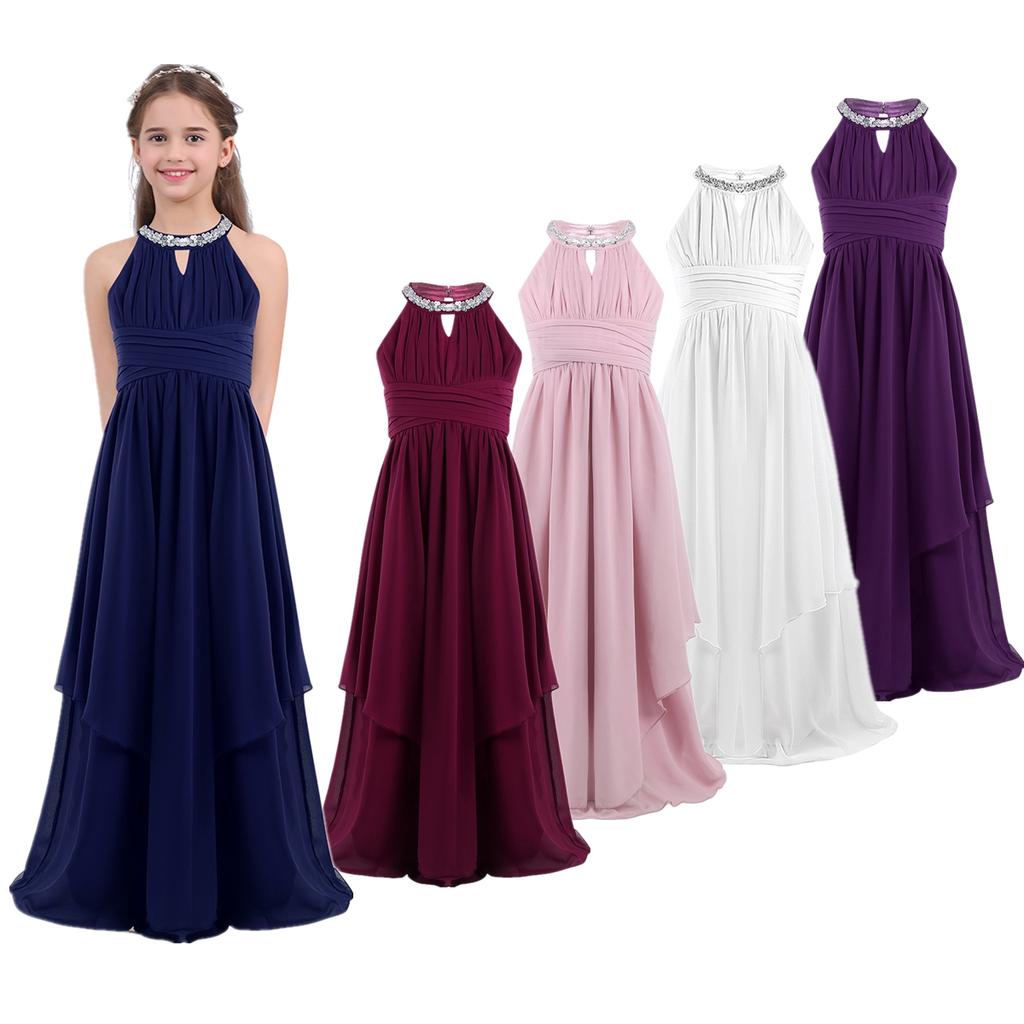 Girls Sequins High Neck Ruched Bust A Line Chiffon Maxi Dress Junior Bridesmaid Wedding Formal Gown