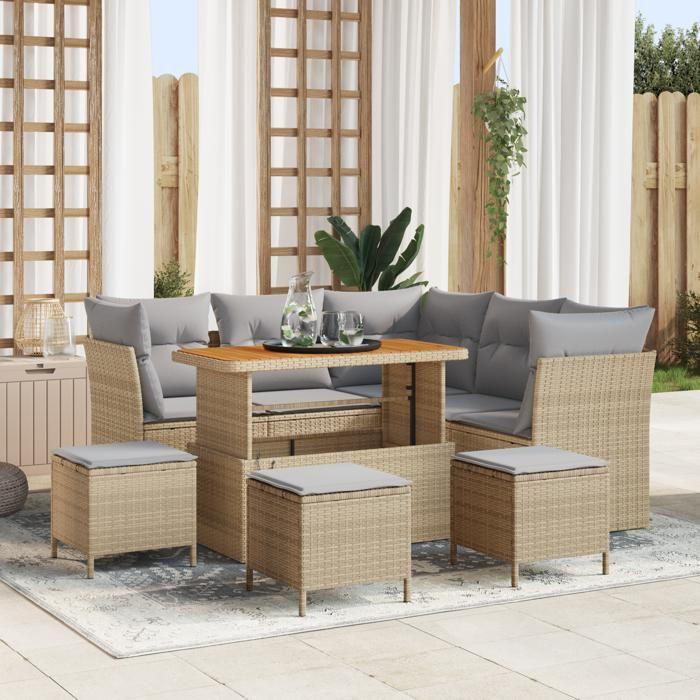 Ensemble de Canapé de Jardin 9 Pièces avec Coussins Beige Poly Rattan Acacia, Ensemble de Salle à Manger de Jardin 4 Pièces 3361492