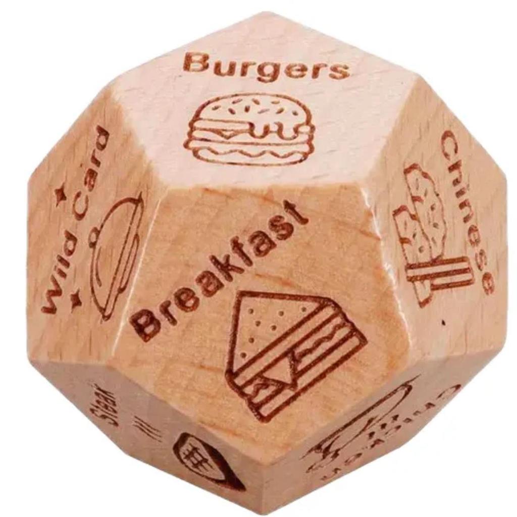 Beech Wood Twelve-Sided Decision Dice for Food, Activity, Movie, and Date Night