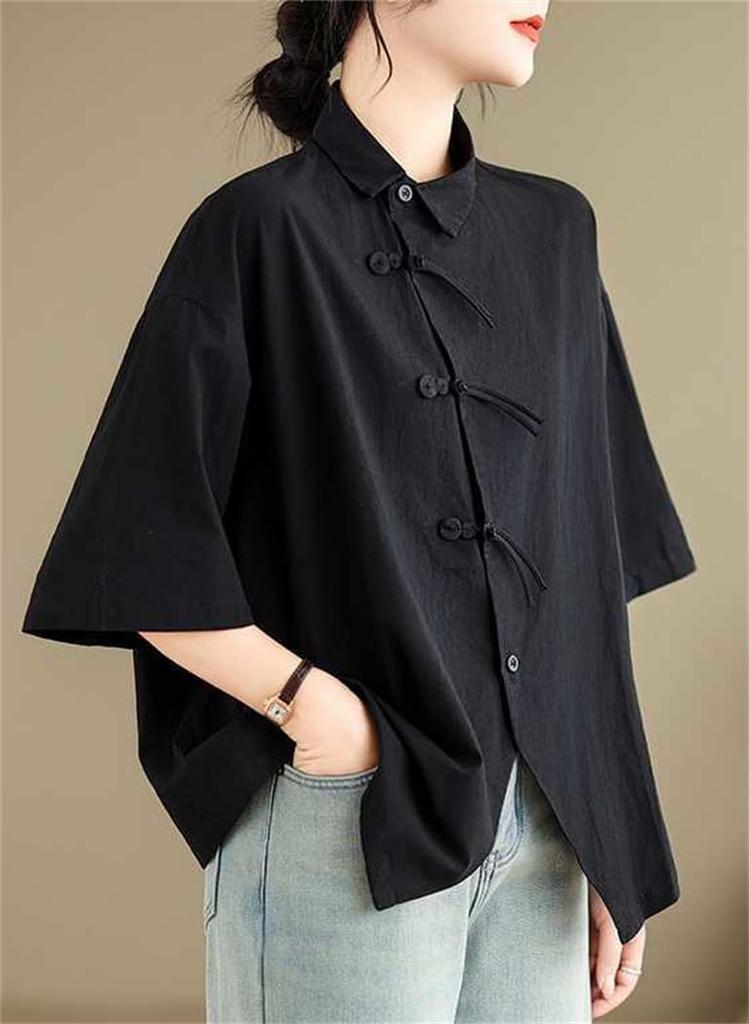 Short Chinese Summer Short Chinese Shirt Chinese Body Summer [Moufokyou] Women's Shirt, Sleeve, Button, Top, Sleeve, Style, Blouse, Commuting, Casual,