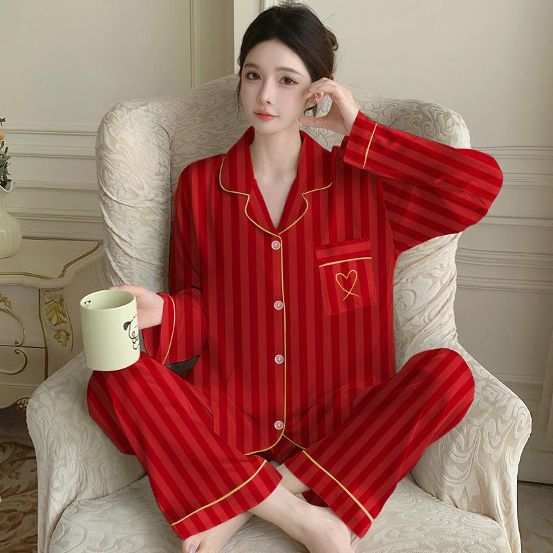 Fashion Ice Silk Thin Pajamas Women'S Spring High-End Silk Striped Cartoon Loungewear Long-Sleeved Two-Piece Set