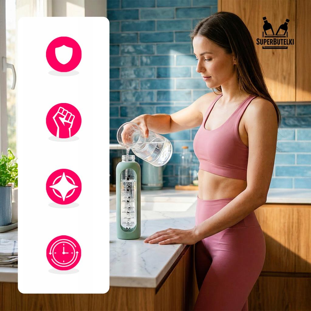 Glass water bottle 1000 ml with silicone case (beige)