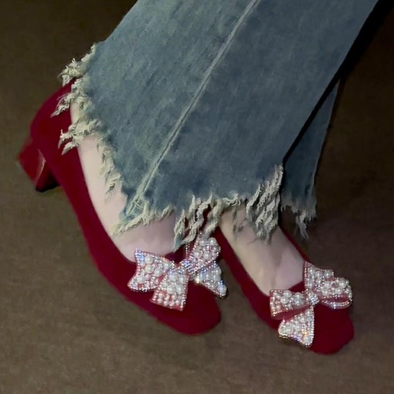 

Свадебные туфли 2026 Новые Цветы Китайское платье Сюхэ Основное свадебное платье Двойное ношение Не утомляют ногу Жемчужные цветочные туфли 34 красный