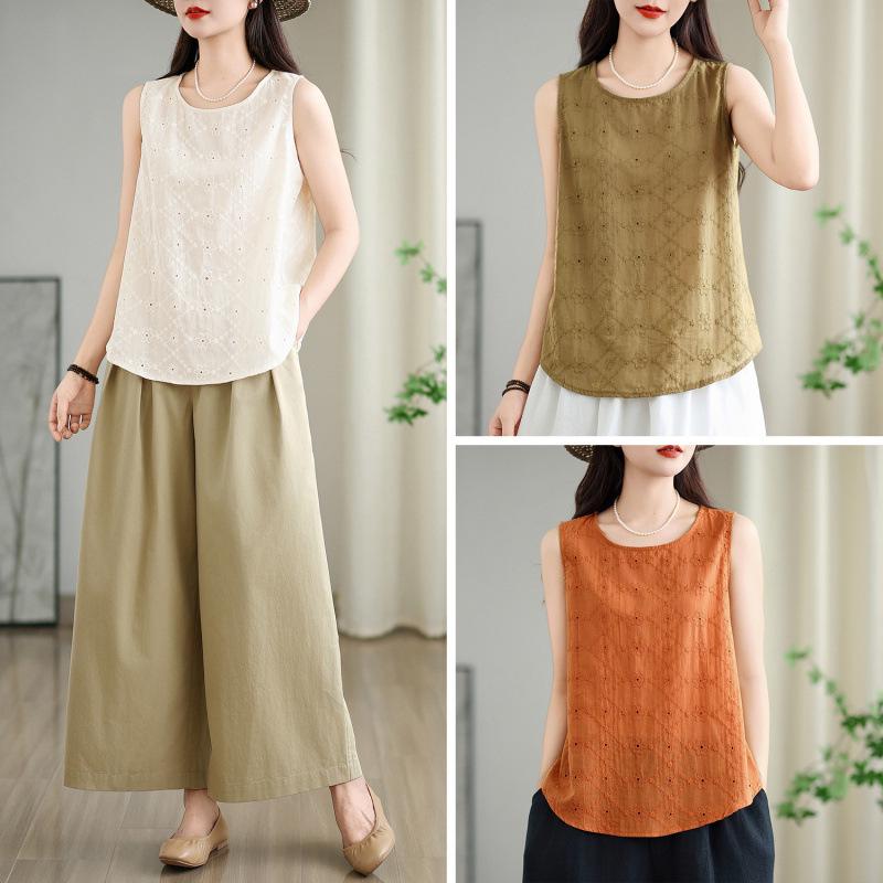 Summer Pure Cotton Embroidered Sleeveless Vest for Women