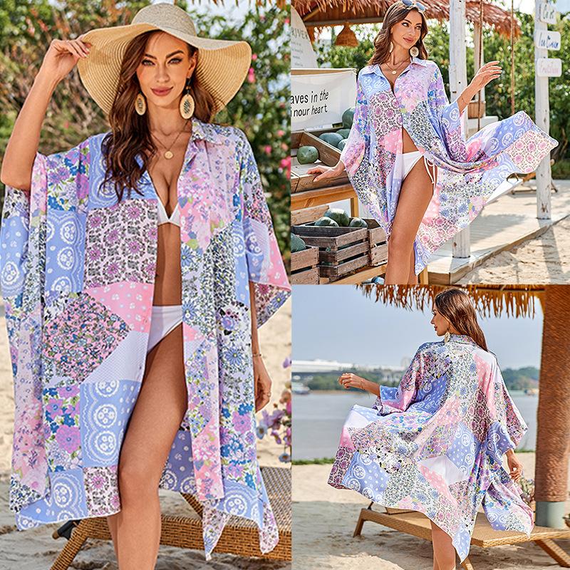Printed Shirt Beach Jacket Bikini with Sun Protection Cardigan Vacation Swimsuit Blouse