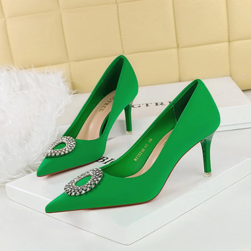 European American Fashionable Shallow Mouth High Heel Shoes Rhinestone Round Buckle Single Shoes Pointed Toe Thin Heel Shoes