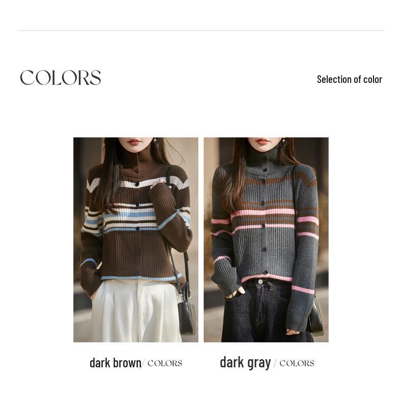 Women's Retro Color Block High Neck Knit Cardigan - Autumn Winter Long Sleeve Korean Style Sweater in Coffee Tone.
