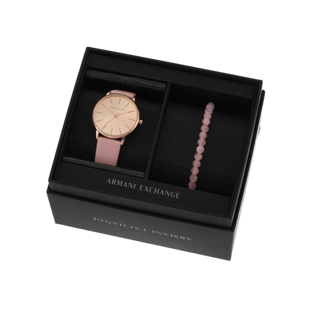 Armani Exchange Three-Hand Pink Leather Watch & Bracelet Set