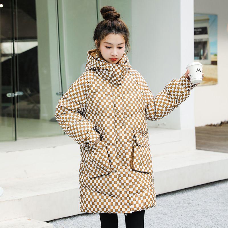 

Зимняя клетчатая хлопковая куртка с утеплителем, воротник-стойка, капюшон, теплая парка, белая, черная, зеленая, повседневная, с длинным рукавом, женская хлопковая верхняя одежда XL кофейный