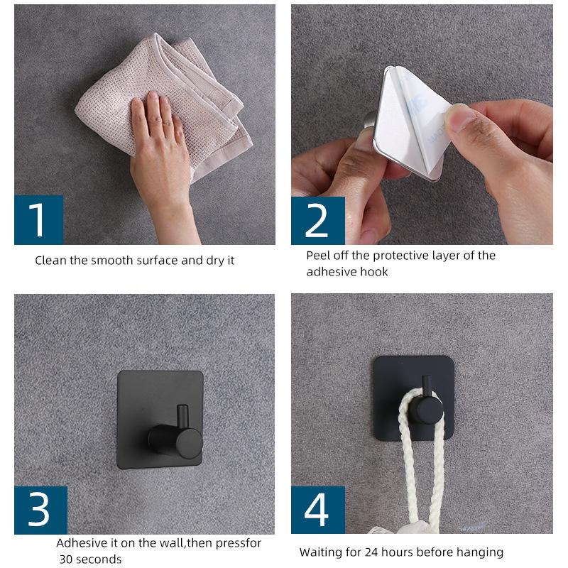 Stainless Steel No-Drill Adhesive Hook for Bathroom/Kitchen – Black