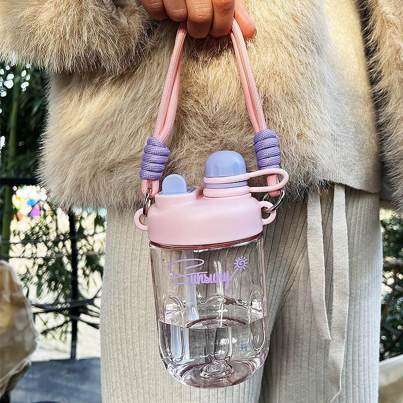 Summer Portable Straw Water Cup Large Capacity Water Bottle Student Carrier Kettle Girls Cute Straw Cup with shoulder strap