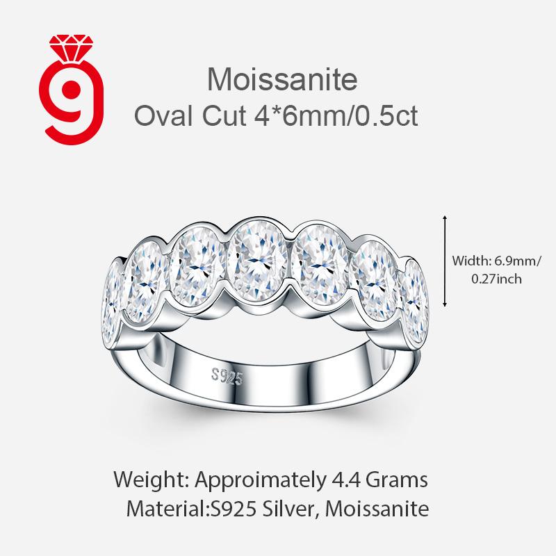 Mellow Glossy S925 Silver Oval Cut Moissanite Full Closed Bezel Continuous Linked Wide Flat Band GRA Certified Moissanite Ring