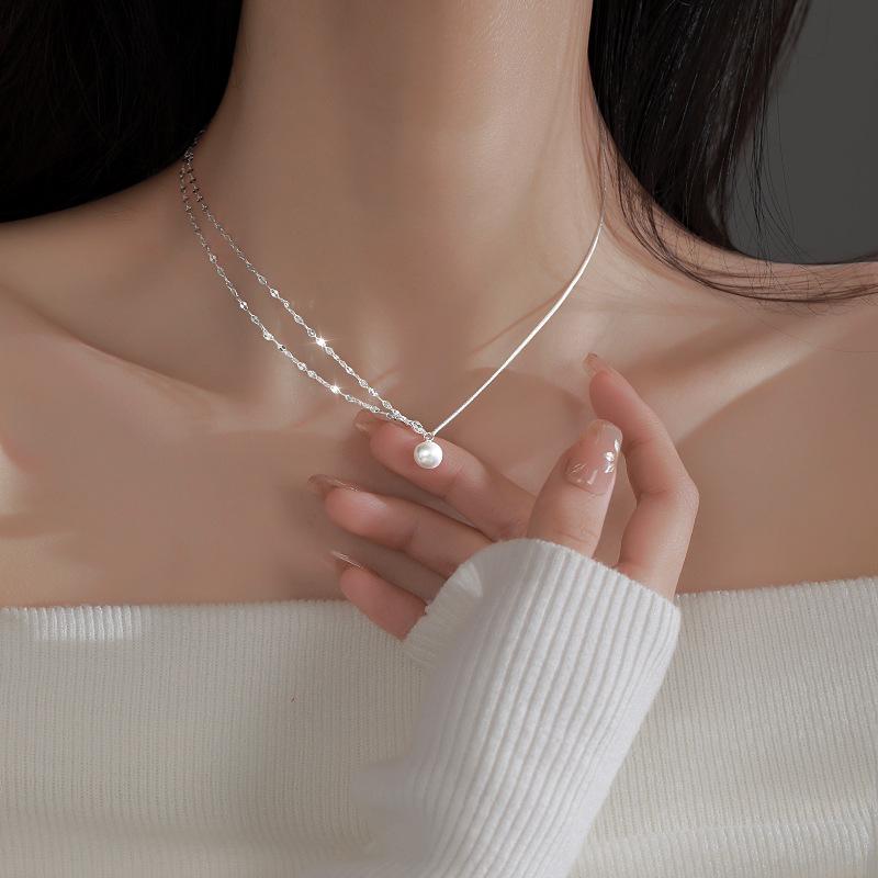 Colier cu Lanț Dublu pentru Buze și Perle pentru Femei, Toamnă și Iarnă, Temperament, Strălucitor, Lanț pentru Claviculă, Lanț Mic Parfumat pentru Gât