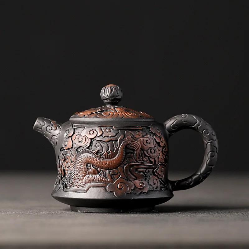 Čína Jianshui fialová hlína černá keramická ručně vyřezávaná konvice na čaj s dračí řezbou, porcelánová kung-fu čajová sada na pití