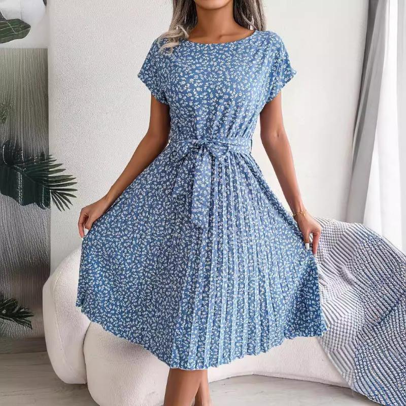 Summer new style printed casual lace-up short-sleeved floral big swing women's dress