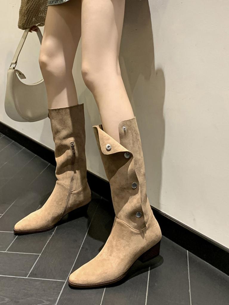 Spot second hair~ Pile boots 2025 new autumn and winter thick heel medium tube western fold knee boots