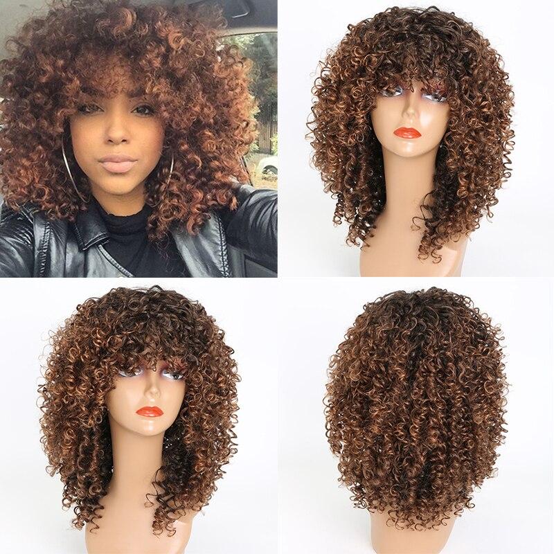 XINRAN Kıvırcık Doğal Siyah Gri Ombre Saç Isıya Dayanıklı Sentetik Peruk Kadınlar İçin Patlamalı Karışık Kahverengi ve Sarı Peruk