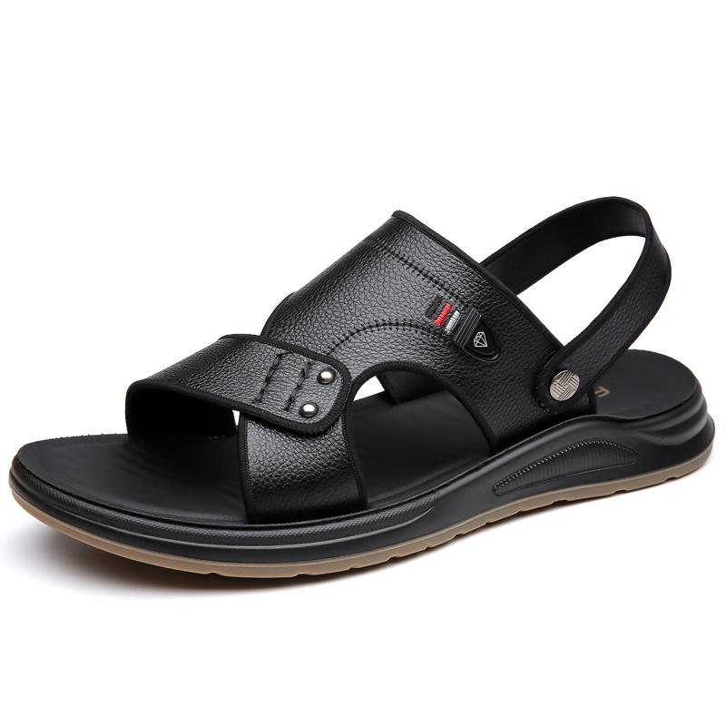 Herren Braune Flache Hausschuhe Sommer Outdoor Breite Zehenpartie Wandersandalen Retro Schwarzes Leder Offene Zehenpartie Strandschuhe Übergröße
