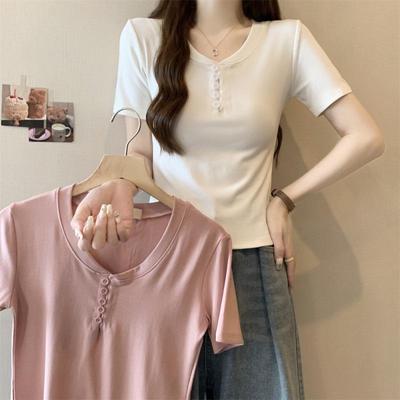 Dames effen kleur knoopdesign slim fit ronde hals zomer T-shirt - Korte mouw, custom bedrukt logo, kleine maat, puur katoen.