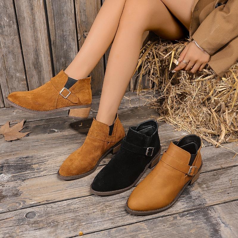 Fashion Faux Suede Mid-heel Women's Pointed-toe Chelsea Boots 2024 Spring and Autumn Solid Color Square Heel Slip-on Short Fashion Boots