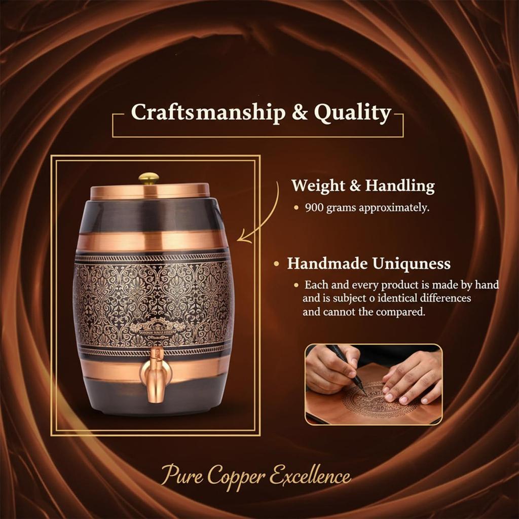 Copper Water Dispenser 5 Litre | Handcrafted Antique Engraved Copper Barrel