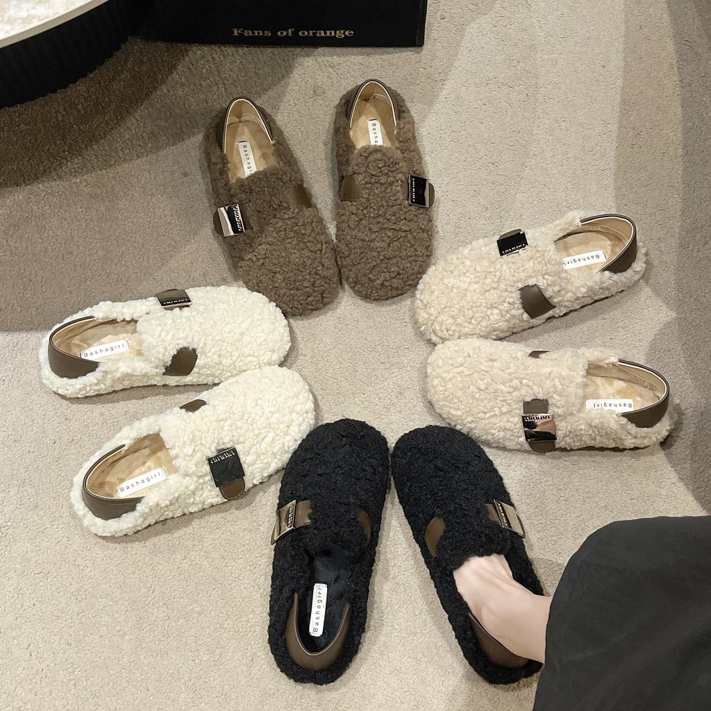 Lamb Wool Shoes Women's Autumn New Retro Flat Casual Beanie Shoes Women