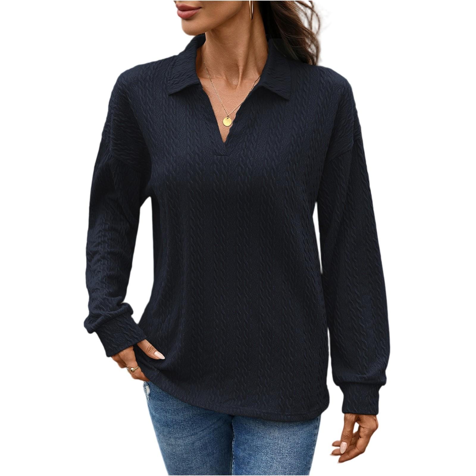 

Женская мода повседневная однотонная с лацканами свободная футболка с длинным рукавом топ L тёмно-синий