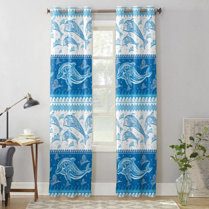 Dolphin Wave Summer Heavy Fabric Clackout Curtains Modern Living Area Room Bedroom High Shading Drape New Design Style Blue Theme Window Drape