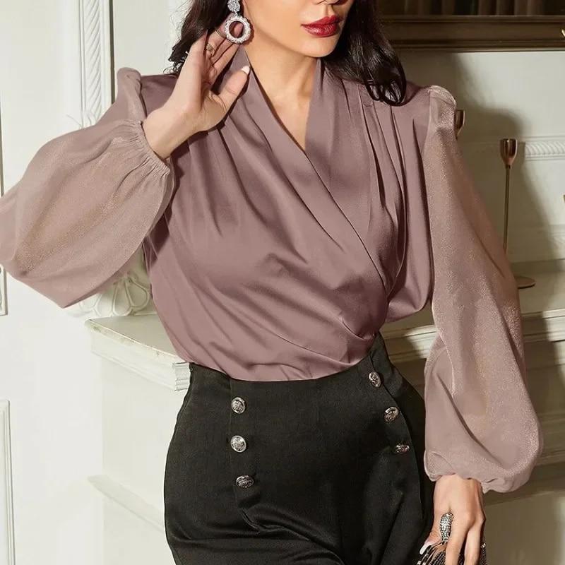 

Осенняя рубашка с длинным рукавом, модные женские сетчатые топы с v-образным вырезом, женские дизайнерские повседневные пуловеры, блузки, однотонная элегантная одежда 29733